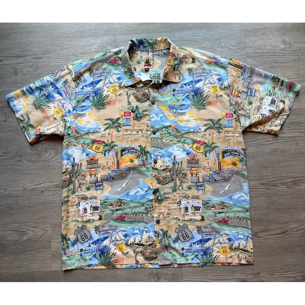 Max Boxxer Route 66 Hawaiian Style Button Up Shirt size 2XL Classic Cars Print